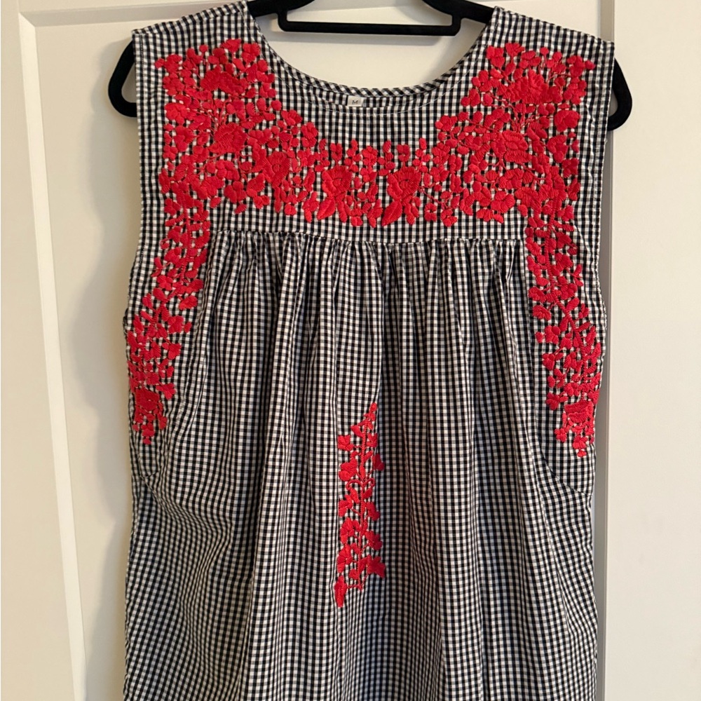 Black and White Gingham Top with Red Embroidery